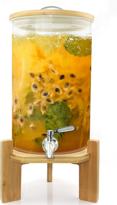 Grote glazen drankdispenser met tapkraan en houten standaard 3,8 Liter