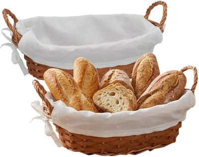 Gerimport Broodmandje met stof - 2x - gevlochten - lichtbruin - ovaal - 26 x 20 x 8 cm - tafel serveermandje