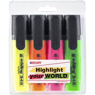 Edding 345 markeerstift 4 stuk(s) Groen, Oranje, Roze, Geel Beitelvormige punt