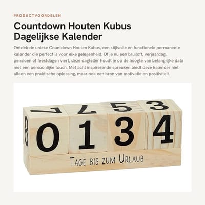 Dailygoods- DagTeller Houten Kubus 16 x 6 cm - Permanente Kalender - Dagteller/Kalender - Bruiloft/Verjaardag - 8 Spreuken - Schitterend Decoratief Item