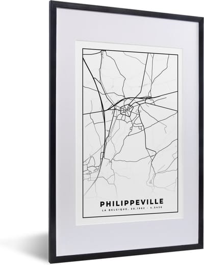 Fotolijst incl. Poster Zwart Wit- Zwart Wit – België – Plattegrond – Stadskaart – Kaart – Philippeville - 40x60 cm - Posterlijst