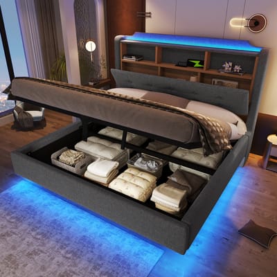 Gestoffeerd bed 140x200 cm - met LED-verlichting - opbergruimte - zwevend ontwerp - USB- en Type-C-poorten - grijs - zonder matras