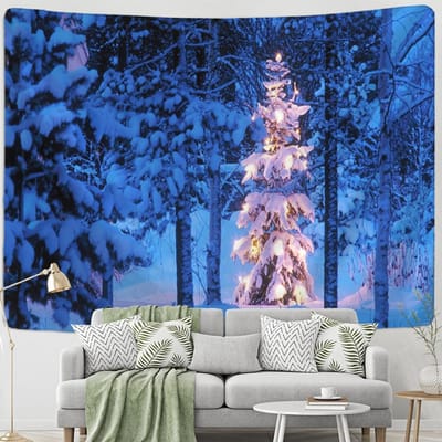 Tapisserie Arbre de Noël en Cristal Série Scène de Neige Décoration Murale Style Romantique Sorcellerie Décoration Maison Chambre 95x70cm blue