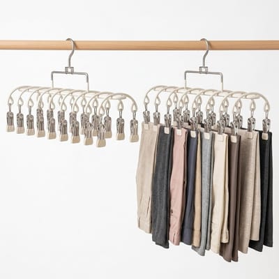 2-pack Broekhangers met 40 Clips – Ruimtebesparende Roestvrijstalen Kastorganizer - voor Hoeden Leggings en Jeans – Dubbelrijige Hangers voor Studentenkamerbenodigdheden - Gebroken wit