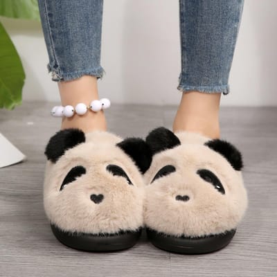 Schattige Panda Pluizige Bont Binnenslippers Dames Winter Warm Kort Pluche Platte Hak Huis Slippers Comfort Antislip Huispantoffels 36-37 gray