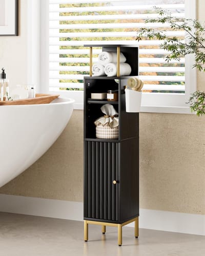 SnelShoppen - Hoge badkamerkast, vrijstaande vloerkast met deur, slanke opbergkast voor badkamer, keuken, woonkamer, slaapkamer, balkon of kantoor, zw