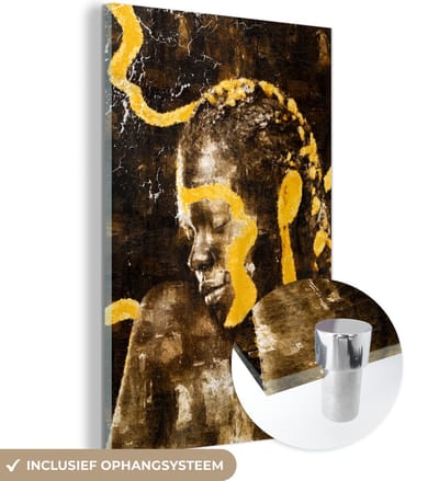 MuchoWow® Glasschilderij 40x60 cm - Schilderij acrylglas - Vrouw - Zwart - Goud - Foto op glas - Schilderijen