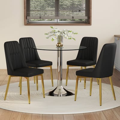 Eetkamerset. Moderne, minimalistische eettafel van gehard glas met een diameter van 85 cm, gecombineerd met 4 zwarte PU-eetkamerstoelen met goudkleurige poten. Geschikt voor eetkamers, keukens, enz.