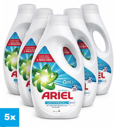 Ariel Universal+ Vloeibaar Wasmiddel 5 x 1000 ml – 5 Stuks – 100 Wasbeurten – Met Febreze Frisheid
