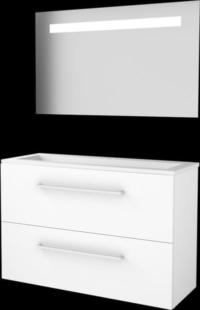 Basic-Line Economic 39 Badkamermeubelset - Ondiep - 100 x 39 cm - Met Grepen - 2 Lades - Acryl Wastafel - 1 Kraangat - Spiegel met LED Verlichting - Ice White