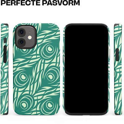 Casetastic hoesje geschikt voor Apple iPhone 12 Mini - Dubbellaagse bescherming - Troste Turquoise Pauw Veren - Fashion Case - Turquoise Mintgroen Crème
