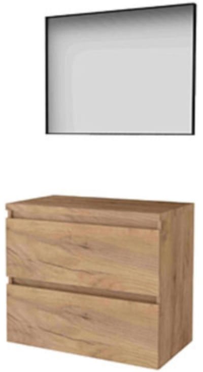 Basic-Line Framed 46 Badkamermeubelset - 80 x 46 cm - Greeploos - 2 Lades - Wastafelblad - Spiegel met Zwart Aluminium Frame - Whisky Oak