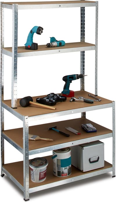 Vrijstaand opbergrek met werkbank - 900 kg, 5 etages, 180 x 100 x 60 cm, metaal, MDF, grijs