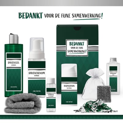 Geschenkset “Bedankt voor de fijne samenwerking!” - 7 producten - 850 gram | Giftset voor hem - Luxe wellness cadeaubox - Gift Set Cadeau Man - Cadeaupakket - Team - Project - Collega - Zorgwerker - Medewerker - Vrijwilliger - Coach - Leider - Groen