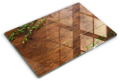 Wallfluent Spatscherm Keuken - Bruin Spatwand Keuken - 80x52 cm - Houten Planken En Bladeren Spatscherm Glas - Bloemen en planten Rechthoekig Spatscherm Keuken