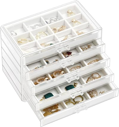 Acryl Oorbel Organiser met 5 Laden - Stapelbare Sieraden Houder voor Dresser en Vanity, Warmwit