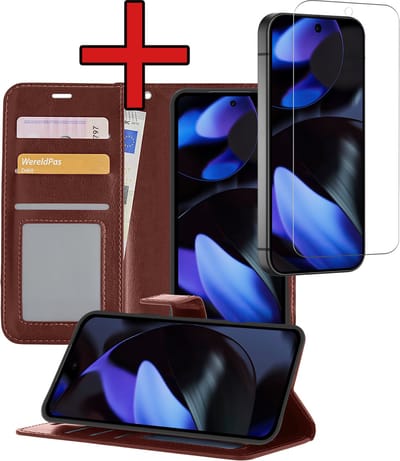 Hoesje - Met Screenprotector - Geschikt voor Google Pixel 9 - Luxe Pasjeshouder - Flipcase - Bookcase Portemonee - Flip Case - Kunstleer Book Case - Book Cover - Walletcase - Portemonneehoes - Telefoonhoes - Bruin
