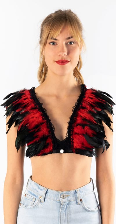 KIMU® Top met Veren Zwart Rood - Maat XS S M - Verentop Steampunk Topje Veertjes - Hippy Boho Indiaan Ibiza Kraag Kip Burlesque Showgirl Dames Carnaval Festival