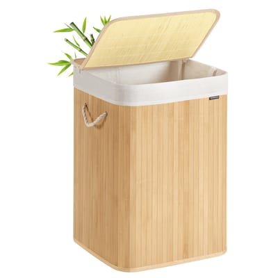 SONGMICS - Wasmand - Wasmand van Bamboe met Deksel - Opvouwbaar - Uitneembare Waszak - Met Handgrepen