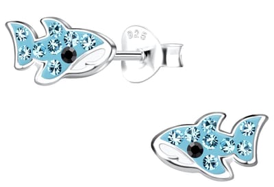 Joy|S - Zilveren haai oorbellen - 9 x 6 mm - blauw met blauw kristal - kinderoorbellen - vis