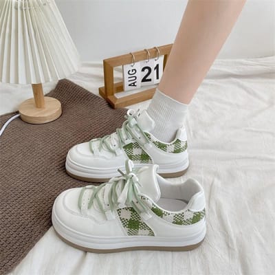 Retro Big Head Schoenen Kinderlente en Herfst Nieuwe Ruitjes Platform Witte Schoenen Veelzijdige Casual Board Schoenen 40 groen
