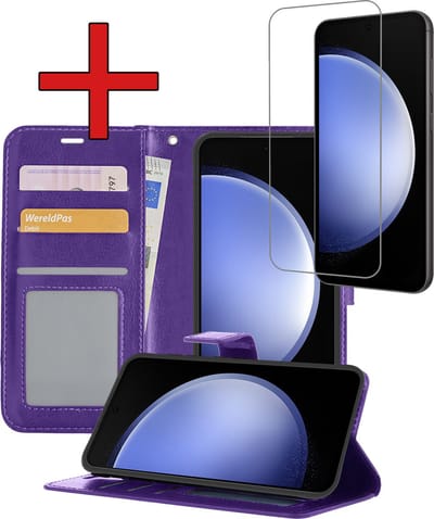 Hoesje - Met Screenprotector - Geschikt voor Samsung Galaxy S23 FE - Luxe Pasjeshouder - Flipcase - Bookcase Portemonee - Flip Case - Kunstleer Book Case - Book Cover - Walletcase - Portemonneehoes - Telefoonhoes - Paars