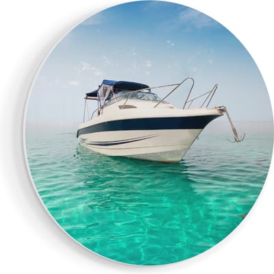 Artaza Forex Muurcirkel Motorboot aan het Strand met Blauw Water - 50x50 cm - Klein - Wandcirkel - Rond Schilderij - Muurdecoratie Cirkel