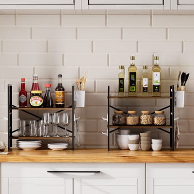 EGGREE Vrijstaand kruidenrek met 2 niveaus - keukenplank voor op het aanrecht met ABS-haken en opbergbakjes - Compact rek voor keuken - eetkamer of kantoor (Zwart, 40×15×40 cm)