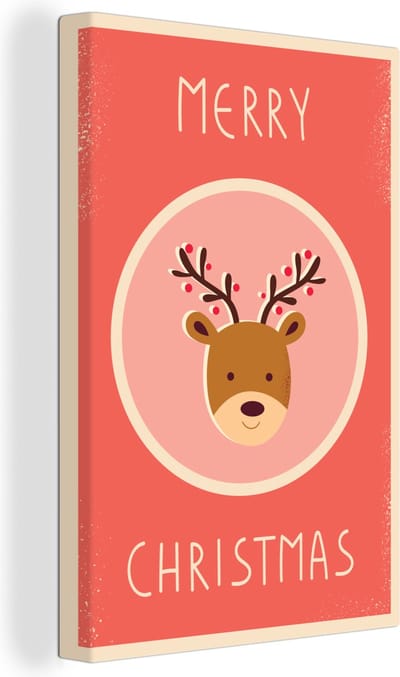 Canvas Schilderij Rendier - Quotes - Kerst - Merry christmas - Rood - Vintage - 90x140 cm - Wanddecoratie