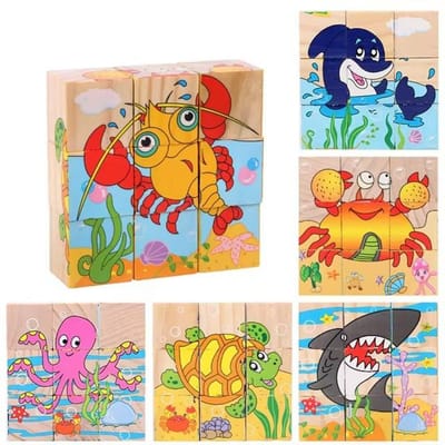 Houten Zeszijdige 3D Kubus Puzzels Kinderen Kinderen Speelgoed Dier Fruit Verkeer Erkennen Vroege Educatie Educatief Speelgoed Leuk Spel multi