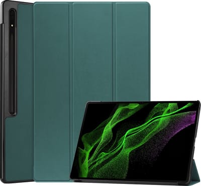 Hoesje Geschikt voor Samsung Galaxy Tab S9 Ultra - Dun & Stevig - Trifold Bookcase - Hard Cover Case - Met Uitsparing Geschikt voor S Pen - Hardcover Book - Tablet Hoes - Donkergroen
