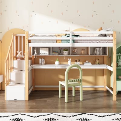 Hoogslaper 90x200 cm met Bureau, Boekenkast en Opbergtrap – Kinderbed van Massief Hout met Grote Werkplek en Opbergruimte – Wit/Naturel