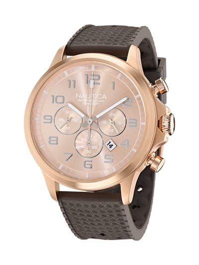 Nautica Nct Blueocean Analoog Horloge Roségouden Toon Case: 100% Roestvrij Staal | Armband: 100% Synthetisch Rubber 45 mm NAPBOS401, NAPBOS403