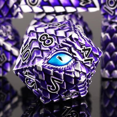 Metalen Dobbelstenen Set - D&D Dobbelstenen Roleplaying Dobbelstenen - Tafelspellen Spelen - Draken Schedel Design - 7 Stuks - Paars