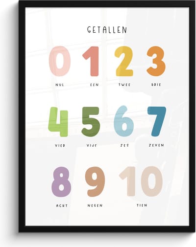 Poster in lijst - Fotolijst 60x80 cm - Posters - Getallen - Educatief - Leren tellen - Cijfers oefenen voor kinderen - Kleuren - Posterlijst zwart - Kamer decoratie - Wanddecoratie kinderkamer - Muurdecoratie babykamer