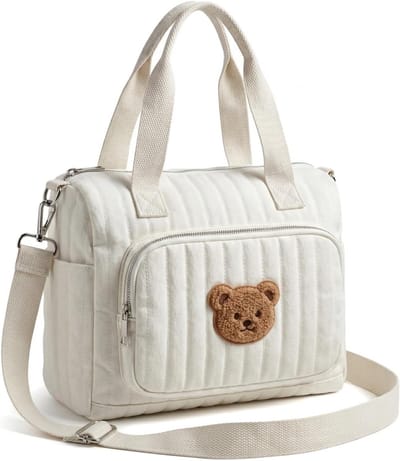 Compacte Verschoontas voor onderweg, wasbaar en praktisch (11 x 24 x 20 cm), organizer voor luiers, vochtige doekjes en speelgoed, ideale reisaccessoire voor moeders met berenborduursel