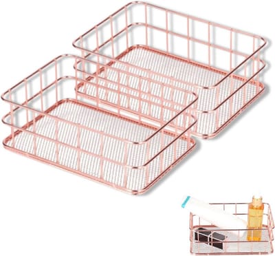 Set van 2 Metalen Opbergmanden, Rose Goud Desktop Organizer voor Kantoor en Thuis