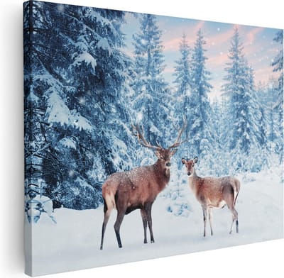 Artaza Canvas Schilderij Herten - 40x30 cm - Klein - Wanddecoratie Sneeuw - Muurdecoratie Woonkamer - Kamer Accessoires