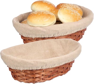 Kipit Broodmandje met stof - 2x - riet/canvas - bruin - 29 x 10 cm - landelijke stijl - Broodjes serveren
