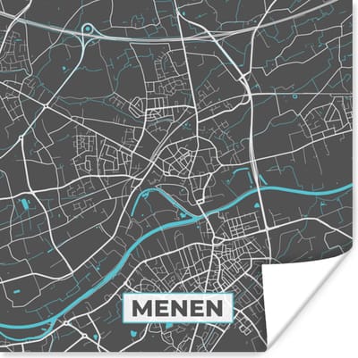 Poster Kaart – Plattegrond – Stadskaart – Menen – België - Grijs - 100x100 cm XXL