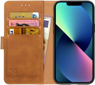 Rosso Element Book Case Wallet Hoesje Geschikt voor Apple iPhone 13 Mini | Portemonnee | 3 Pasjes | Magneetsluiting | Stand Functie | Licht Bruin