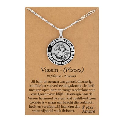 Sterrenbeeld Vissen (Pisces) Ketting op Cadeau Kaartje - Zilverkleurig - Roestvrij Staal Zodiac Talisman - Stainless Steel - 60cm - Pax Amare