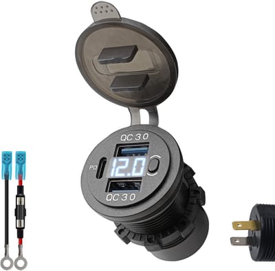 ProRide 12V USB C Stopcontact 3 Poorten Inbouw met Schakelaar/Voltmeter - QC3.0 - met Aansluitkabel 60cm en Glaszekering 10A - Blauw