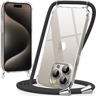 Hoesje met koord - ketting - Draagriem voor Schouder / Nek - Schouder tas - Geschikt voor: iPhone 15 Pro - transparant