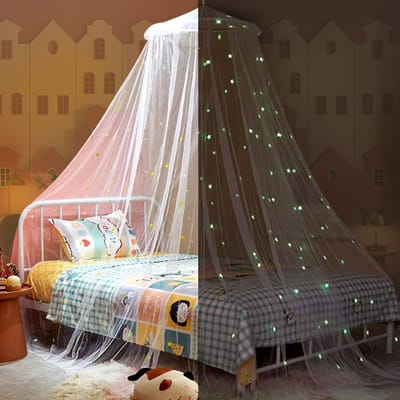 JeiibrZui Hemelbed - Hemel Voor Bed - Lichtgewicht Mesh Sprei Met Sterrenmotief En Luchtcirculatie - 1 - Voor Eenpersoonsbed Tot Kingsize In Wit