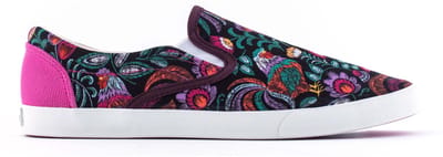 Inkkas Rooster dames Vegan Slip On – kleurrijke slip-on sneaker met hanen- & bloemenprint – lichtgewicht canvas – 100% Vegan, maat 37