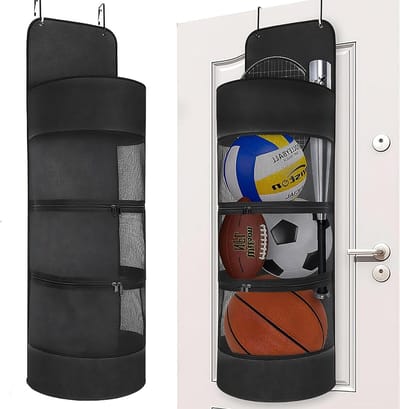 Inovra Plus - Opbergsysteem voor sportuitrusting aan de deur - Hangende organizer met balhouder en 2 haken - Ideaal voor basketbal, voetbal, volleybal en tennis - Zwart
