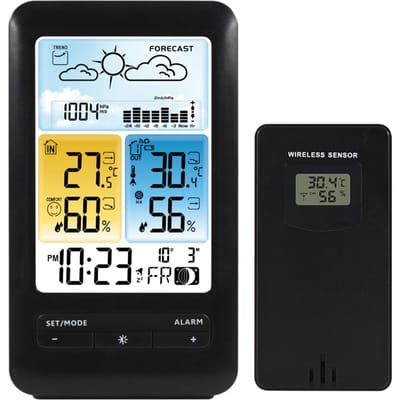 LCD Weerstation Wekker met Snooze Digitale Binnen Buiten Temperatuur Vochtigheidsmonitor zwart