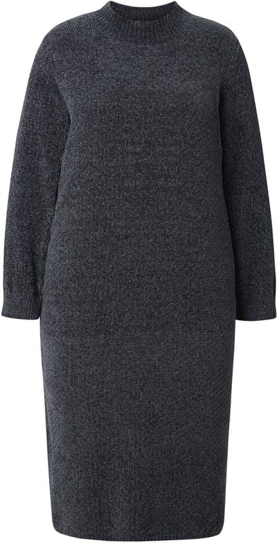 Ulla Popken - Dames - Chenille midi-jurk wijde opstaande kraag lange mouwen - Grafietgrijs - Maat 42+