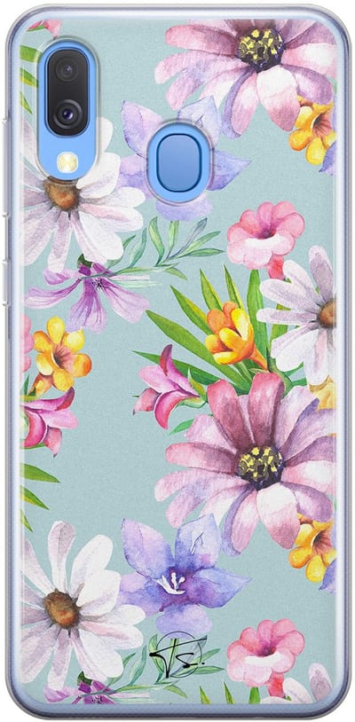 Hoesje geschikt voor Samsung Galaxy A40 - Mint bloemen - Soft Case - TPU - Bloemen - Blauw - Mooie Telefoonhoesjes